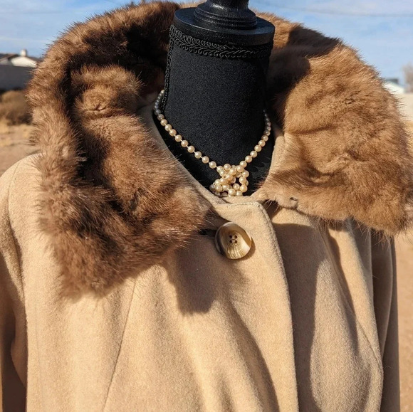 Mid-Century Wool Coat with Real Mink Fur Collar- Trench coat overcoat union-made - Picture 12 of 16
